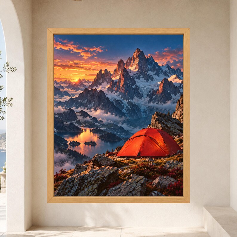 May include: A framed wall art print featuring a vibrant landscape of a bright orange tent perched on a rocky mountain ridge overlooking a lake. The background displays jagged, snow-capped peaks under a dramatic sunset sky with orange and blue hues.