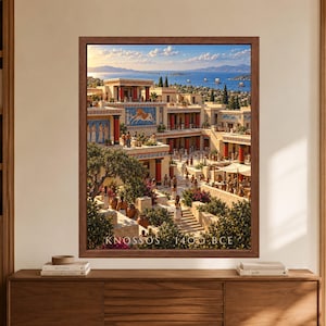 Framed Knossos 1400 BCE wall art showing a reconstructed Minoan palace in Crete with red columns, painted frescoes, busy courtyards, Mediterranean gardens and sailing ships on the blue sea beyond.