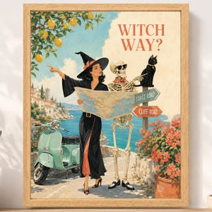 Puede incluir: Una l&aacute;mina enmarcada titulada WITCH WAY? que muestra a una persona con vestido negro y sombrero de bruja sosteniendo un mapa, un esqueleto con gafas de sol y pa&ntilde;uelo rojo, y un gato negro. Se ven un scooter verde claro y se&ntilde;ales de tr&aacute;fico.