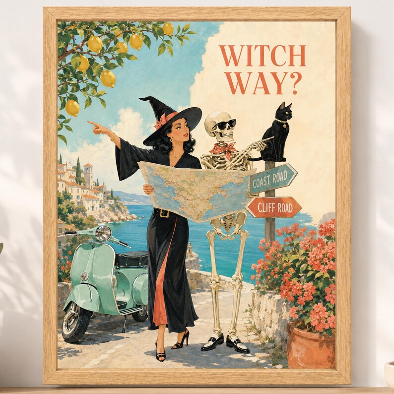 Puede incluir: Una l&aacute;mina enmarcada titulada WITCH WAY? que muestra a una persona con vestido negro y sombrero de bruja sosteniendo un mapa, un esqueleto con gafas de sol y pa&ntilde;uelo rojo, y un gato negro. Se ven un scooter verde claro y se&ntilde;ales de tr&aacute;fico.