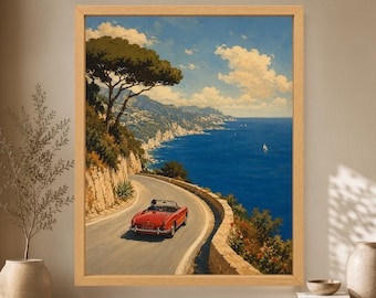 Amalfi Coast Red Convertible Print, Italian Riviera Coastal Art (Digital Download)
