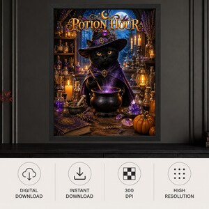 May include: A framed digital art print titled Potion Hour featuring a black cat wearing a purple witch hat and cape, stirring a glowing purple cauldron. The scene includes glass potion bottles, candles, crystals, and a pumpkin on a wooden table.