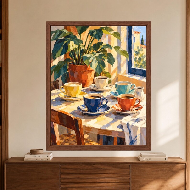 Mediterranean Coffee Cups Print, Colorful Kitchen Art, Painterly Café Scene (Digital Download) image 8