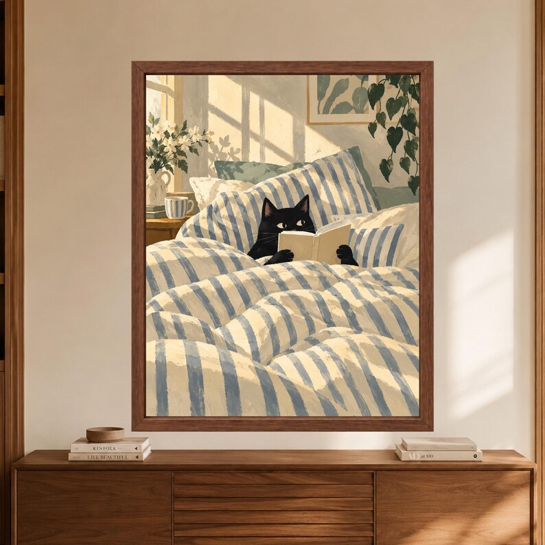 Black Cat Reading in Bed Print, Cozy Bedroom Wall Art (Digital Download) image 8