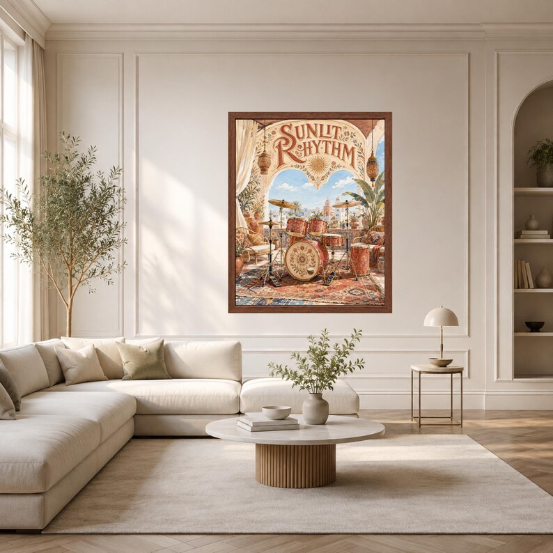 May include: A framed wall art print titled Sunlit Rhythm featuring a drum kit set on a patterned rug under an arched terrace. The scene includes tropical plants, hanging lanterns, and a distant coastal view in warm, earthy tones of brown and cream.