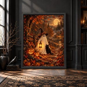 Estampado de fantasma y sombrero de bruja, gato negro en el bosque otoñal (descarga digital) imagen 3