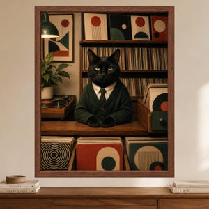 K&ouml;nnte beinhalten: Ein gerahmter Wandkunstdruck, der eine schwarze Katze mit wei&szlig;em Hemd, dunkler Krawatte und dunkelgr&uuml;ner Strickjacke zeigt. Die Katze steht hinter einem Holztresen in einem Raum, der mit Schallplatten und geometrischen Kunstdrucken gef&uuml;llt ist.
