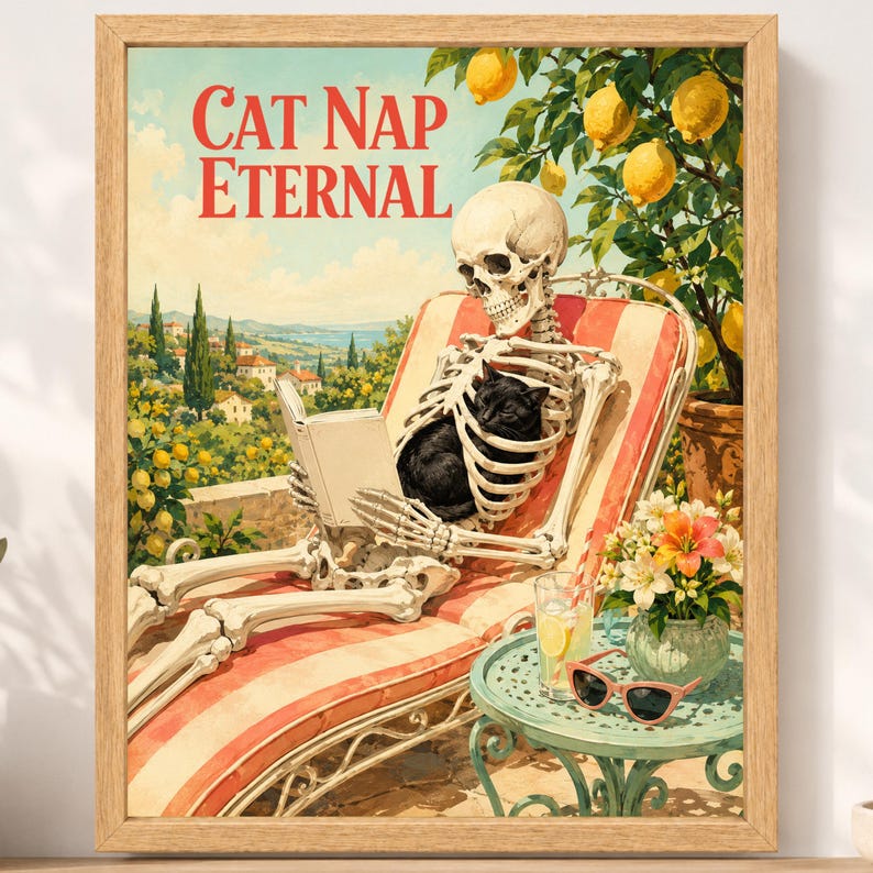 May include: A framed art print titled CAT NAP ETERNAL featuring a human skeleton reclining on a red and white striped lounge chair while holding an open book. A black cat rests on the skeleton's chest. A lemon tree, flowers, and sunglasses are visible.
