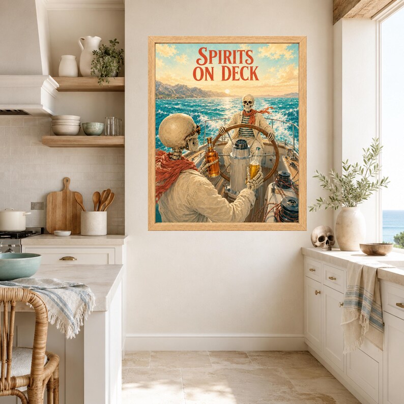 May include: A framed wall art print titled Spirits on Deck featuring two skeletons on a boat at sea. One skeleton holds a bottle and a glass, while the other steers the vessel. The scene is set against a bright sky and blue ocean waves.