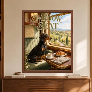 Vintage Train Window Seat Dachshund Print, European Travel Poster (Digital Download)