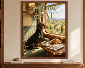 Vintage Train Window Seat Dachshund Print, European Travel Poster (Digital Download)