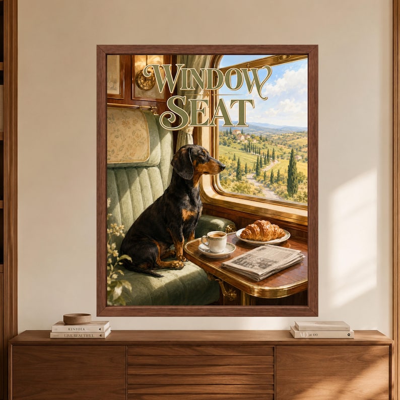 Framed dachshund train wall art showing a black and tan sausage dog sitting beside a vintage railway window with coffee, a croissant and newspaper while green countryside passes outside.