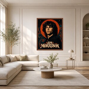 May include: A framed rectangular wall art print featuring a portrait of Jim Morrison with curly dark hair. The artwork displays a large orange circular background with swirling blue and orange patterns and the text JIM MORRISON in cream letters.