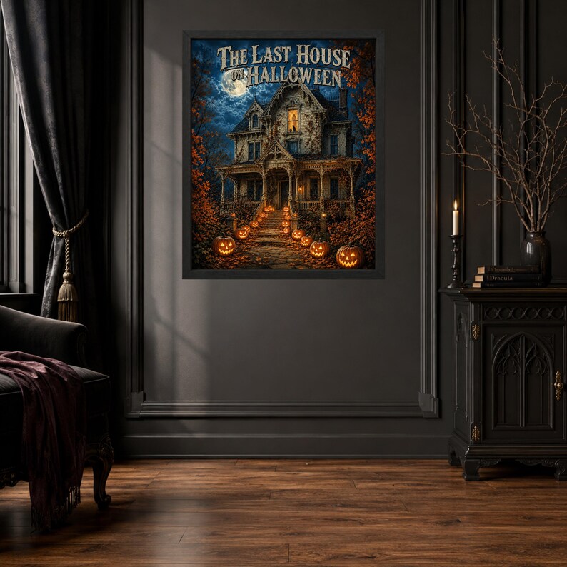 May include: A framed wall art print titled The Last House on Halloween, depicting a dark, multi-story Victorian house at night with a full moon, surrounded by autumn trees and a stone path lined with glowing jack-o'-lanterns in orange and yellow.