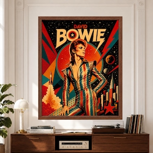 Framed David Bowie glam rock wall art featuring a retro-futurist portrait in a striped stage outfit surrounded by red and teal lightning bolts, planets, stars, a rocket and vintage music poster typography.
