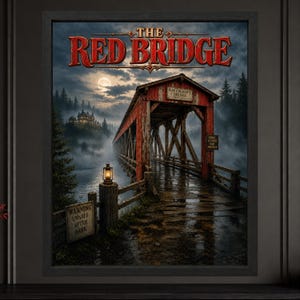 K&ouml;nnte beinhalten: Ein gerahmter Wandkunstdruck mit dem Titel The Red Bridge, der eine verwitterte rote &uuml;berdachte Br&uuml;cke &uuml;ber Wasser bei Nacht zeigt. Eine leuchtende Laterne steht auf einem Pfosten neben einem Schild mit der Aufschrift Warning Unsafe After Dark.