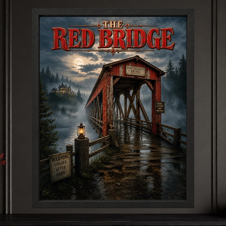 K&ouml;nnte beinhalten: Ein gerahmter Wandkunstdruck mit dem Titel The Red Bridge, der eine verwitterte rote &uuml;berdachte Br&uuml;cke &uuml;ber Wasser bei Nacht zeigt. Eine leuchtende Laterne steht auf einem Pfosten neben einem Schild mit der Aufschrift Warning Unsafe After Dark.