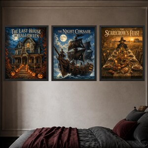 May include: Three framed wall art prints featuring dark fantasy scenes. The left print shows a house with the text The Last House on Halloween. The center print depicts a ship titled The Night Corsair. The right print shows a feast titled The Scarecrow's Feast.