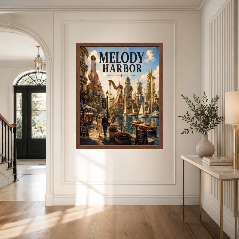 May include: A framed wall art print titled Melody Harbor featuring a fantasy cityscape with a violin-shaped building, a large harp structure, a canal with boats, and two figures walking along a waterfront promenade under a blue sky.