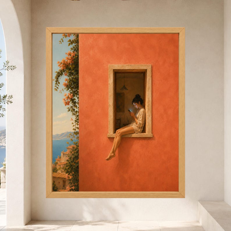 K&ouml;nnte beinhalten: Ein gerahmter Wandkunstdruck, der eine leuchtend orangefarbene Wand mit einem zentralen Fenster zeigt. Eine Figur sitzt auf dem Fensterbrett und schaut auf ein leuchtendes Smartphone. Links ist eine K&uuml;stenszene mit blauem Wasser, Steingeb&auml;uden und orangefarbenen Blumen zu sehen.
