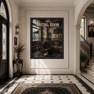May include: A framed wall art print titled The Waiting Room, depicting a dark, weathered train station interior with rows of empty chairs, a lone figure in a dark cloak, and large windows, all rendered in muted brown and grey tones.