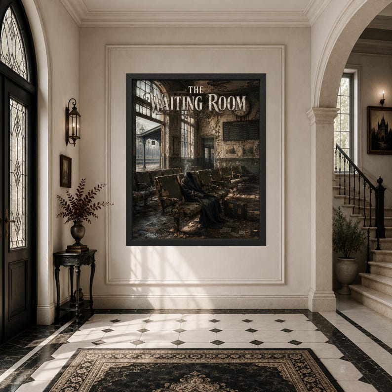 May include: A framed wall art print titled The Waiting Room, depicting a dark, weathered train station interior with rows of empty chairs, a lone figure in a dark cloak, and large windows, all rendered in muted brown and grey tones.