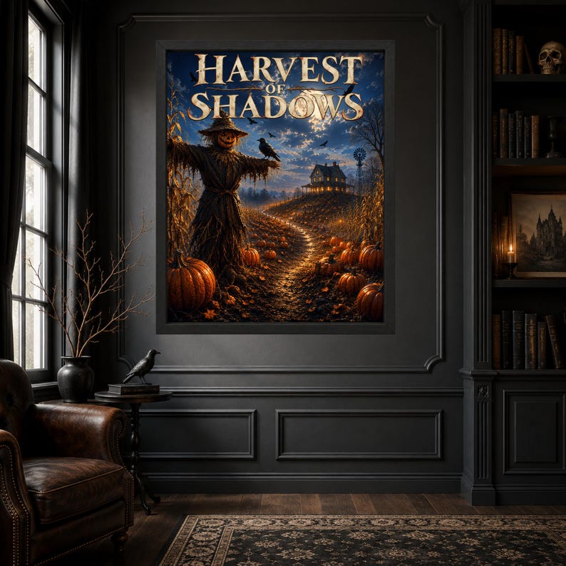 K&ouml;nnte beinhalten: Ein gerahmter Kunstdruck mit dem Titel Harvest of Shadows, der eine Vogelscheuche in einem K&uuml;rbisfeld bei Nacht unter einem Vollmond zeigt. Die Szene umfasst ein dunkles Bauernhaus, fliegende Kr&auml;hen und leuchtende K&uuml;rbisse an einem Feldweg.
