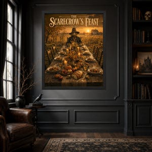 May include: A framed wall art print titled The Scarecrow's Feast, depicting a scarecrow sitting at a long wooden table set with candles, autumn produce, and bread in a field at sunset, with a farmhouse visible in the distant background.