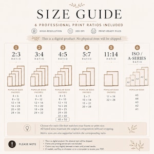 May include: A digital size guide chart featuring six professional print ratios: 2:3, 3:4, 4:5, 5:7, 11:14, and ISO/A-Series. The chart lists popular sizes in inches for each ratio, including 4x6, 8x10, 11x14, and A1 through A5, with icons for high-resolution and 300 DPI.