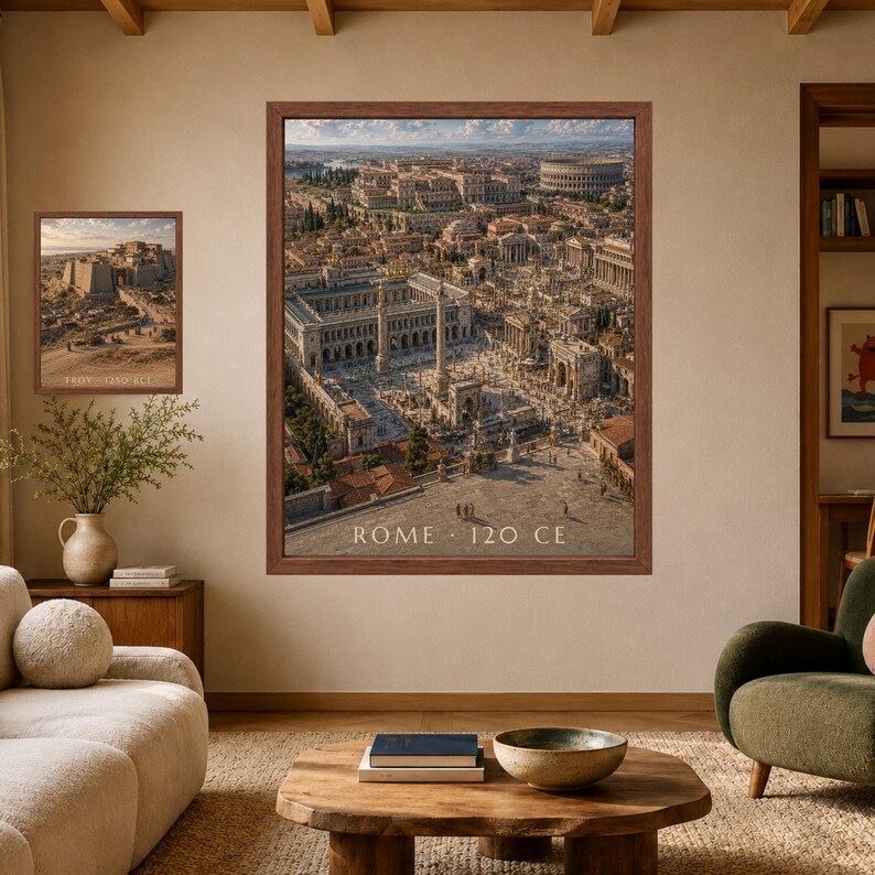 May include: A large framed wall art print depicting an aerial view of ancient Rome in 120 CE, featuring detailed architecture, columns, and the Colosseum. A smaller matching framed print is displayed to the left, both showing historical cityscapes.