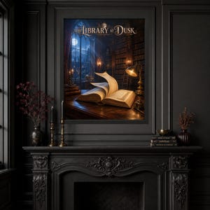 May include: A framed wall art print titled The Library at Dusk, depicting an open book on a wooden desk inside a dark library with tall bookshelves, a glowing desk lamp, and a large window showing a moonlit night sky with a gothic castle silhouette.