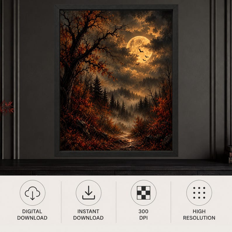 Cuadro decorativo de bosque con luna llena, paisaje otoñal gótico, lámina de murciélago espeluznante de Halloween, descarga digital. imagen 11