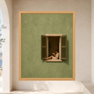 May include: A framed wall art print featuring a textured olive green wall with an open window. Inside the window frame, a figure sits on the ledge reading a book. The window has dark green louvered shutters on both sides, set within a light wood frame.