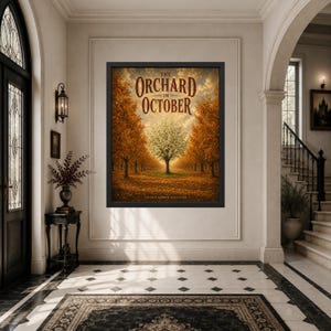 May include: A framed wall art print titled The Orchard in October, featuring a central white tree surrounded by rows of autumn trees with orange leaves, set against a cloudy sky, with the text Vintage Horror Collection at the bottom.