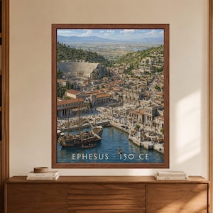 Framed Ephesus 150 CE wall art showing a reconstructed ancient Roman harbor city with merchant ships, a hillside theater, monumental architecture, busy streets and the Anatolian landscape beyond.