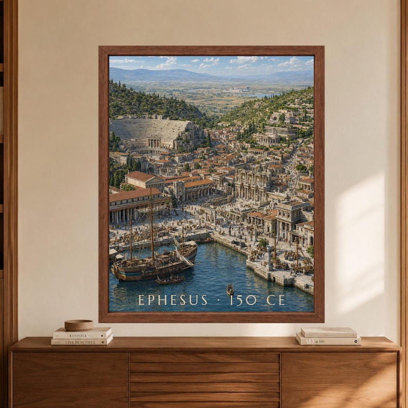Framed Ephesus 150 CE wall art showing a reconstructed ancient Roman harbor city with merchant ships, a hillside theater, monumental architecture, busy streets and the Anatolian landscape beyond.