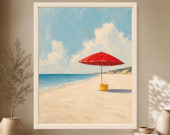 Wandbild mit rotem Sonnenschirm, Strandmotiv, Sommerdeko, Digitaler Download