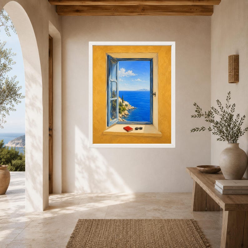 May include: A framed wall art print depicting an open window with blue shutters looking out onto a bright blue sea and rocky coastline. On the window sill sits a small red book and a pair of black glasses against a textured yellow wall.