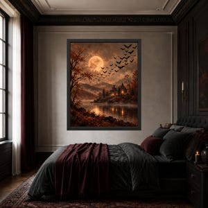 Decoración de pared de casa embrujada, lámina de Halloween con luna llena, paisaje gótico otoñal (descarga digital) imagen 7