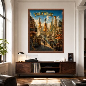 May include: A framed wall art print titled Violin Wharf featuring a fantasy cityscape with giant floating violins, a vintage streetcar, a canal with boats, and people walking along the waterfront under a blue sky with clouds in a warm color palette.