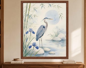 Japanese Blue Heron Watercolor Print, Japandi Bamboo Iris Art (Digital Download)