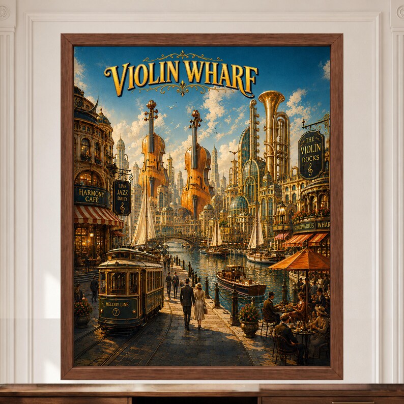May include: A framed wall art print titled Violin Wharf, depicting a fantasy cityscape with giant violins, brass instruments, a vintage tram, sailboats on a canal, and people dining at outdoor tables under a blue sky with clouds.