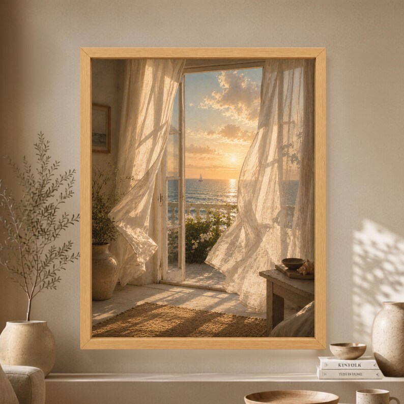 Framed Mediterranean coastal wall art showing sheer white curtains moving around an open seaside window at golden sunset with a sailboat crossing the calm ocean beyond.