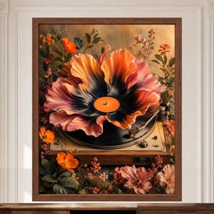 K&ouml;nnte beinhalten: Ein gerahmter Wandkunstdruck, der einen Vintage-Plattenspieler zeigt, aus dessen Mitte eine gro&szlig;e, bl&uuml;hende orangefarbene und schwarze Blume w&auml;chst. Der Plattenspieler ist von verschiedenen orangefarbenen und rosafarbenen Blumen sowie gr&uuml;nem Blattwerk umgeben.