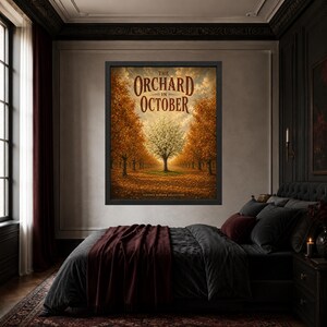 May include: A framed wall art print titled The Orchard in October, featuring a central white tree surrounded by rows of autumn trees with orange and brown foliage under a cloudy sky, with the text Vintage Horror Collection at the bottom.