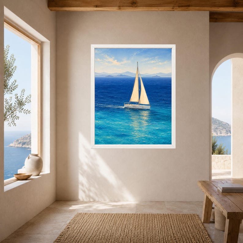 Peut inclure: Une impression d'art mural encadr&eacute;e repr&eacute;sentant un voilier aux voiles blanches naviguant sur des eaux oc&eacute;aniques bleu profond sous un ciel clair. Le navire est centr&eacute; dans la composition, avec des montagnes visibles &agrave; l'horizon.