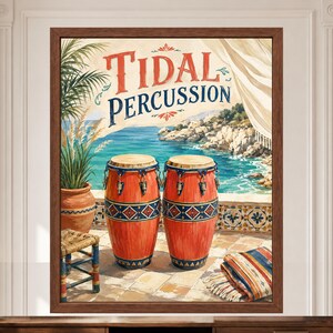 May include: A framed wall art print featuring two orange conga drums on a tiled patio overlooking a blue sea. The text Tidal Percussion is written in red and blue. A potted plant, a small wooden stool, and a striped blanket are also visible.