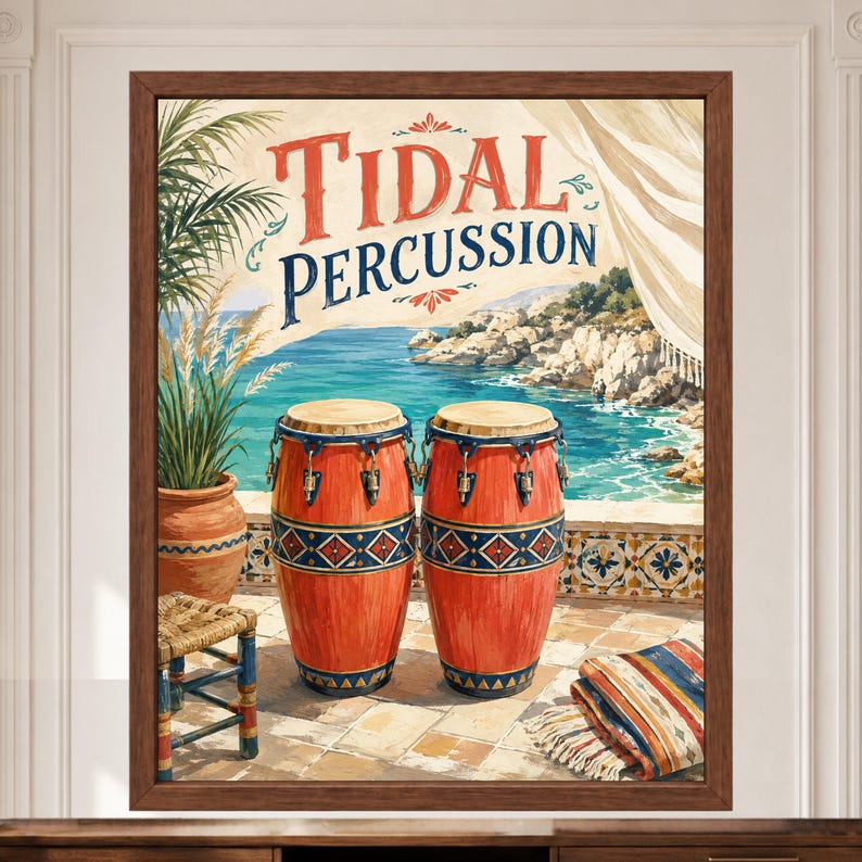 May include: A framed wall art print featuring two orange conga drums on a tiled patio overlooking a blue sea. The text Tidal Percussion is written in red and blue. A potted plant, a small wooden stool, and a striped blanket are also visible.