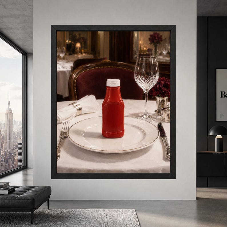 Framed ketchup wall art showing a bright red ketchup bottle centered on a white porcelain plate with crystal glassware, silver cutlery and burgundy seating in an elegant fine dining restaurant.