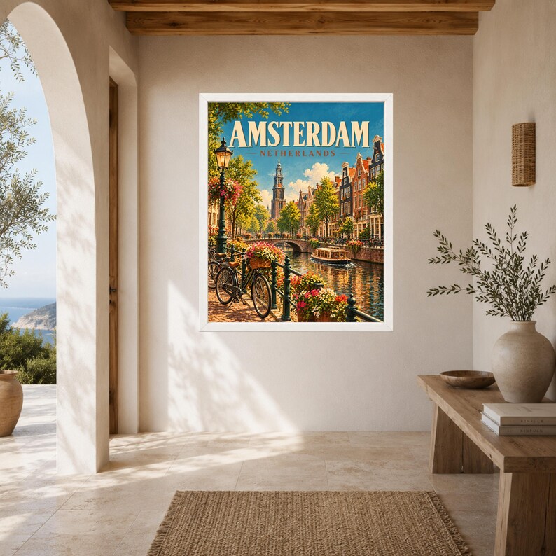 Amsterdam Travel Poster, Netherlands Wall Art, Canal Bicycle Print, Dutch City Decor, Digital Download image 6